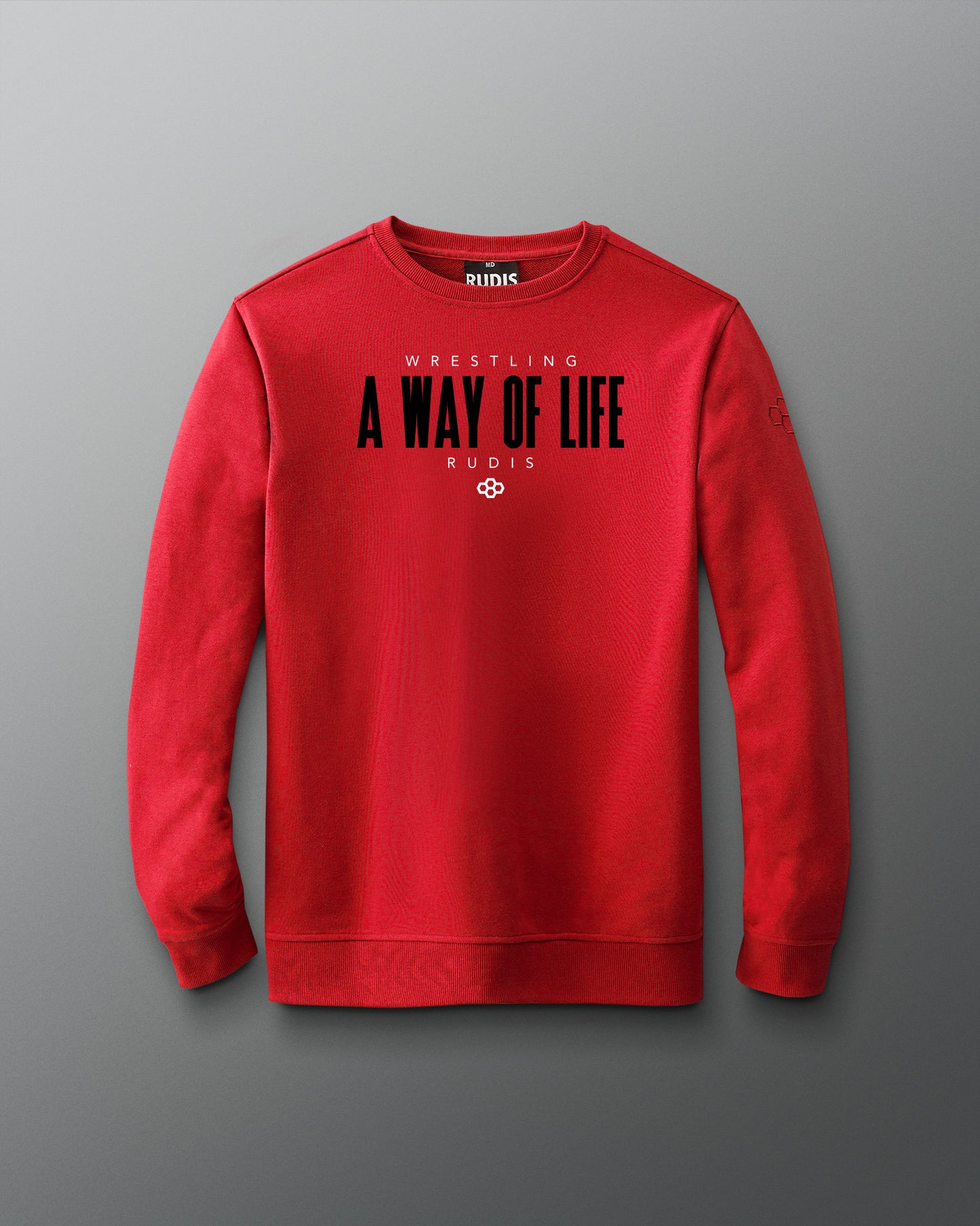 Red sweatshirt with black text on a gray background