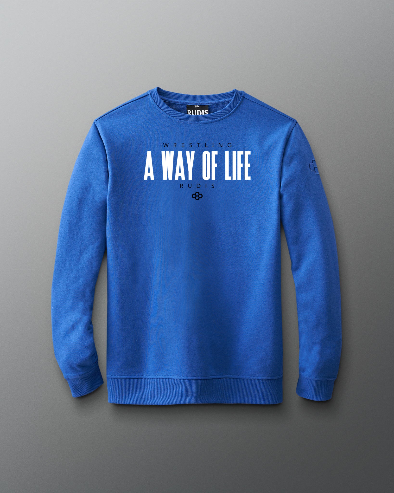 Blue sweatshirt with 'Wrestling A Way of Life' text on a gray background
