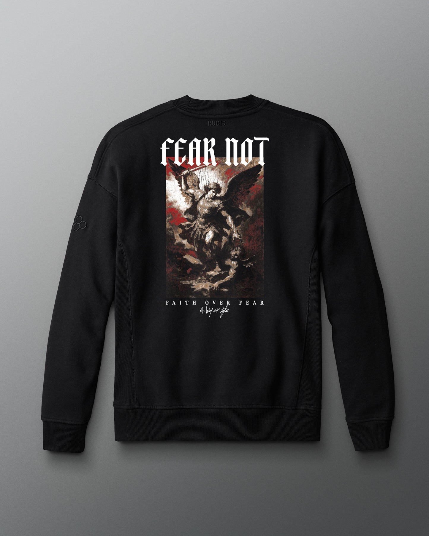 Black sweatshirt with graphic design and text on a gray background.