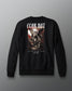 Black sweatshirt with graphic design and text on a gray background.