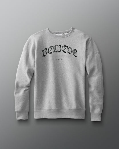 Gray sweatshirt with 'BELIEVE' text on a gray background