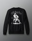 Black sweatshirt with graphic design and text on a gray background