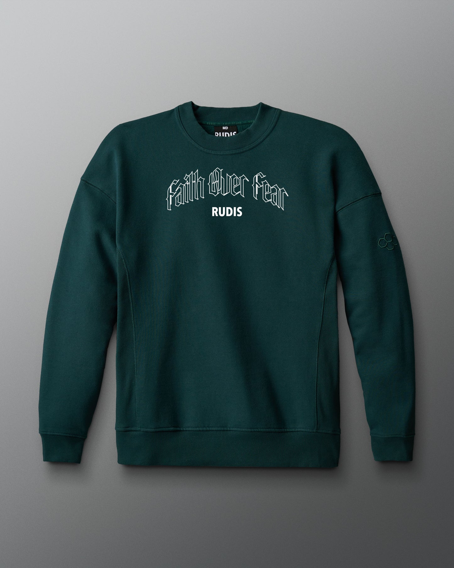 Green sweatshirt with text on a gray background