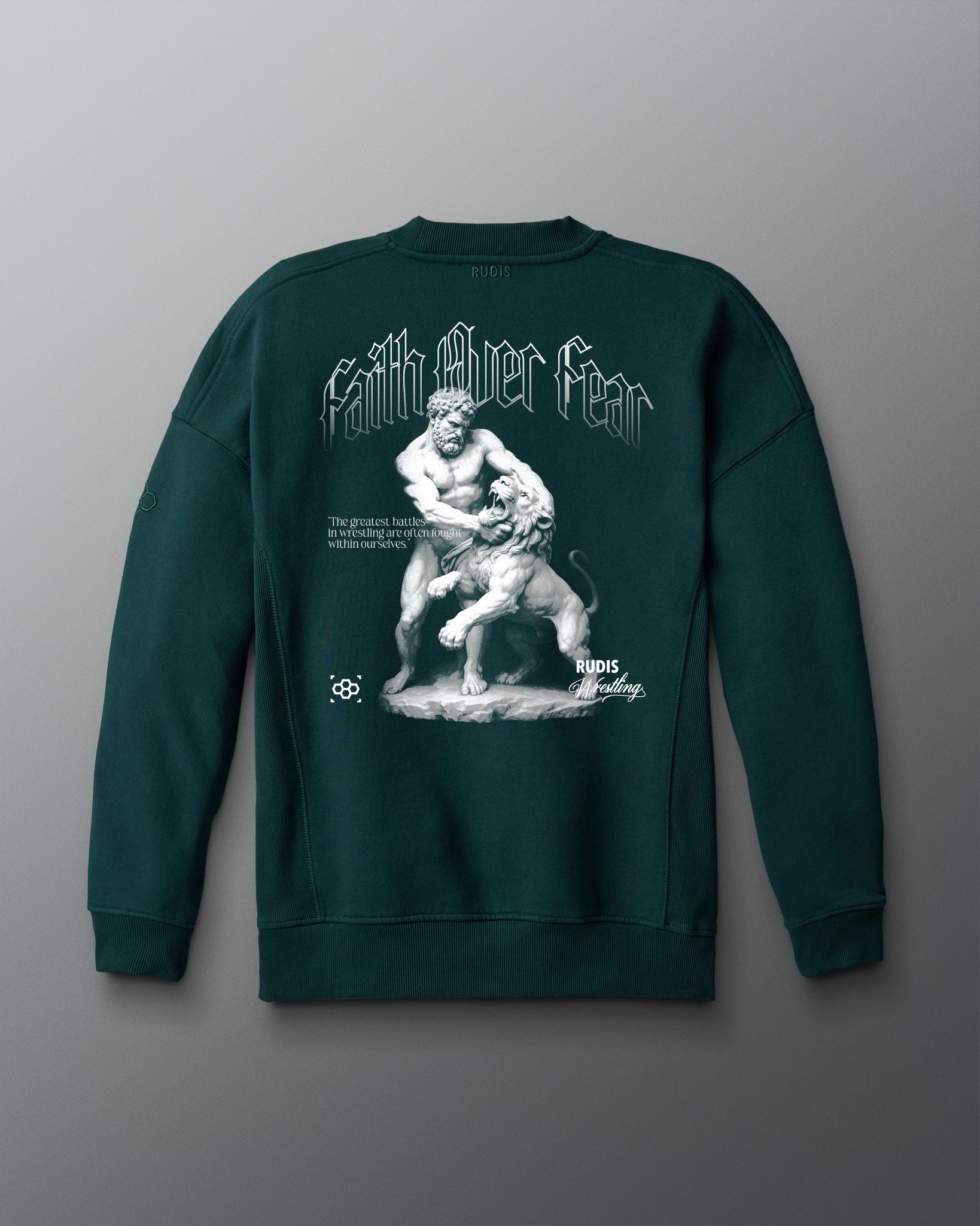 Green sweatshirt with a graphic design on the back against a gray background