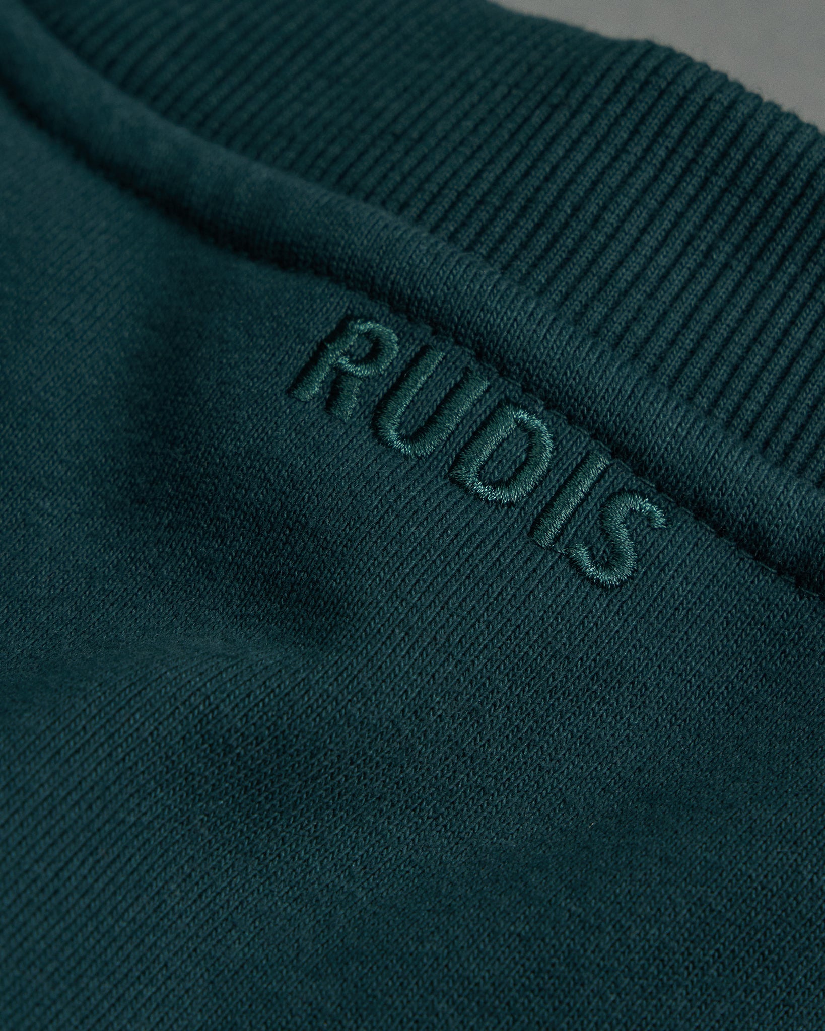 Teal sweatshirt with 'RUDIS' branding on a dark background