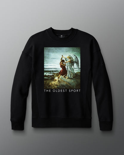 Black sweatshirt with a graphic design and text 'THE OLDEST SPORT' on a gray background