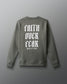 Gray sweatshirt with 'Faith Over Fear Wrestling' text on the back against a gray background
