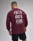 Maroon sweatshirt with 'Faith Over Fear Wrestling' text on the back, worn by a person.