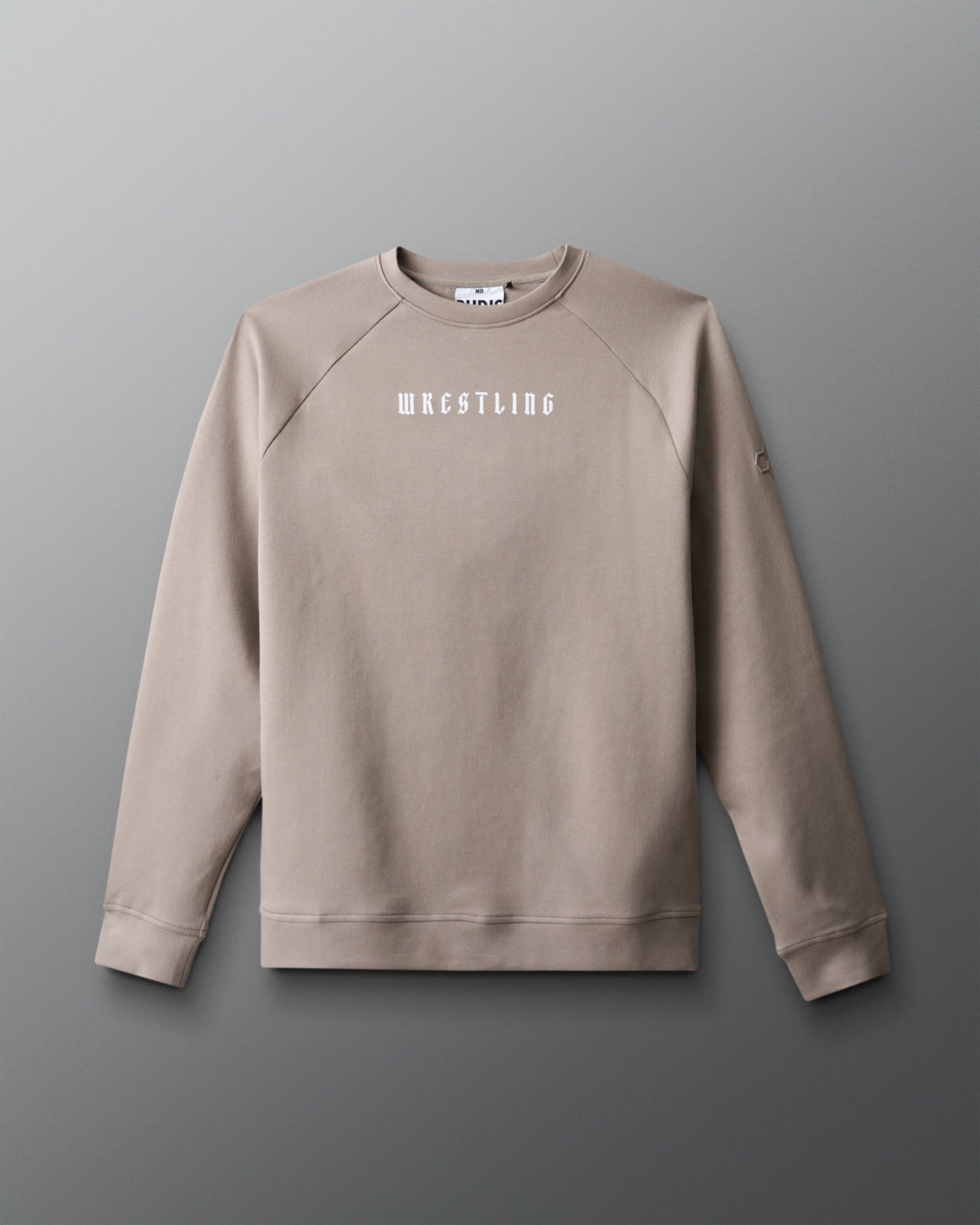 Beige sweatshirt with 'Wrestling' text on a gray background