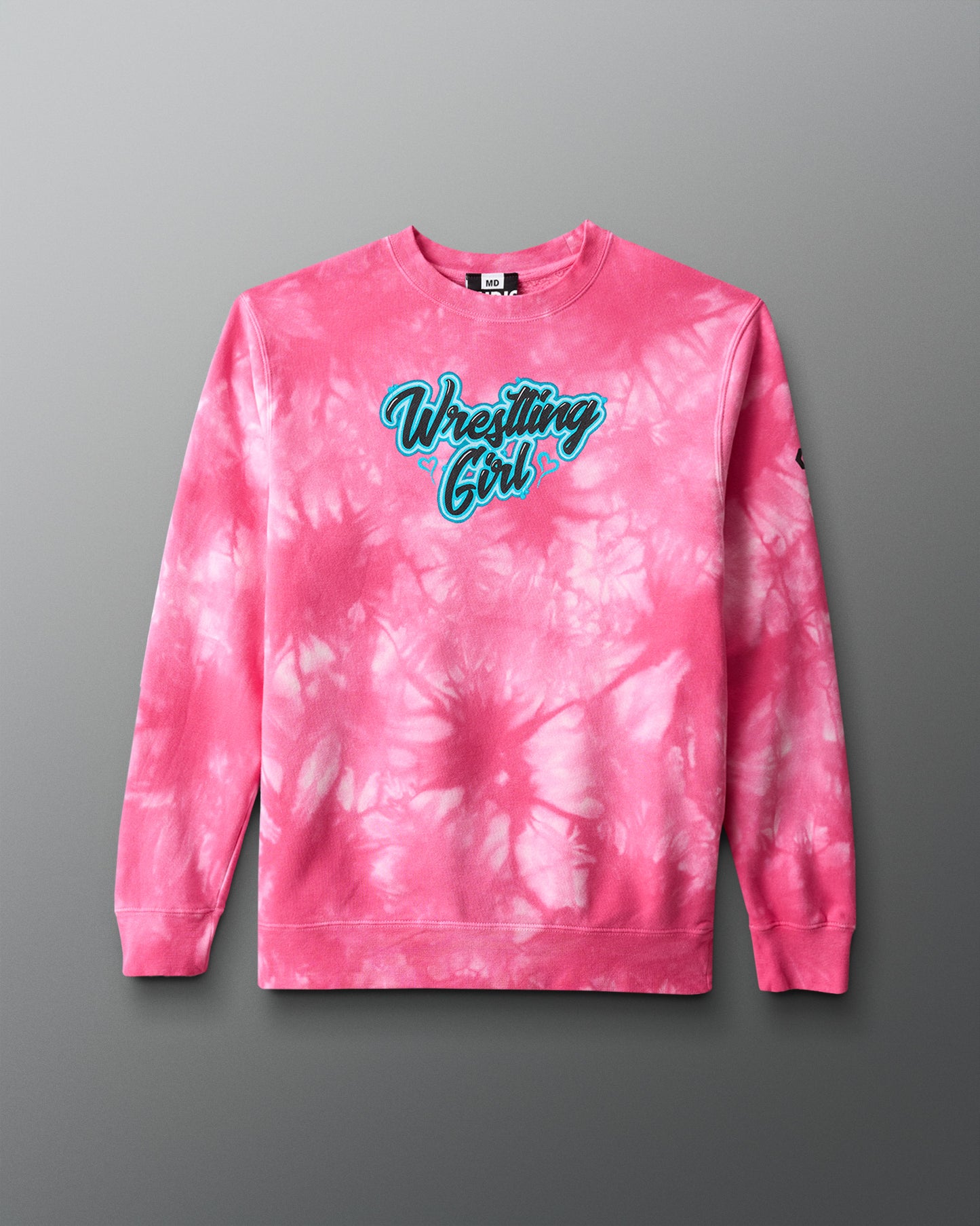 Pink tie-dye sweatshirt with 'Wrestling Girl' text on a gray background