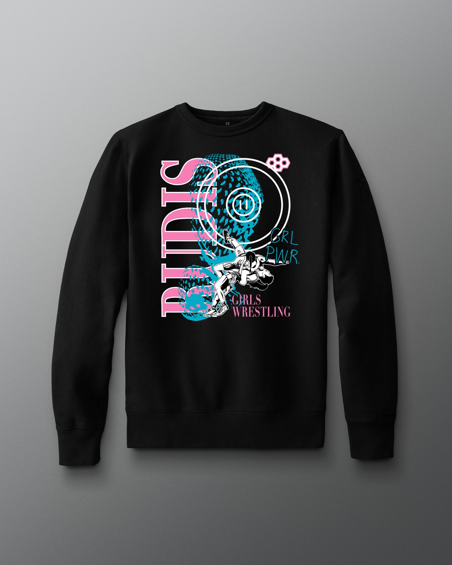 Black sweatshirt with colorful graphic design on a gray background