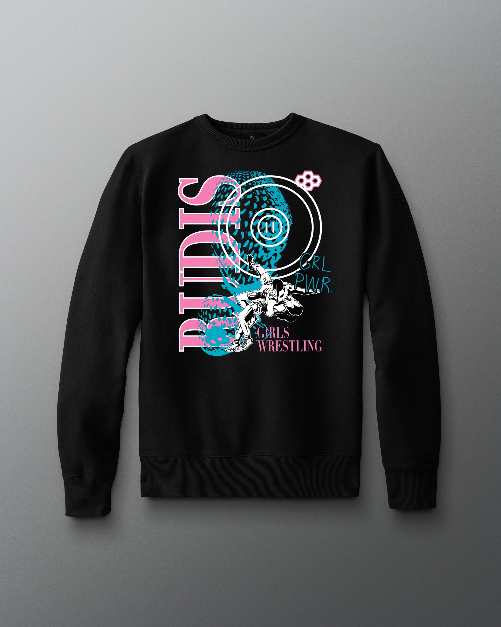 Black sweatshirt with colorful graphic design on a gray background