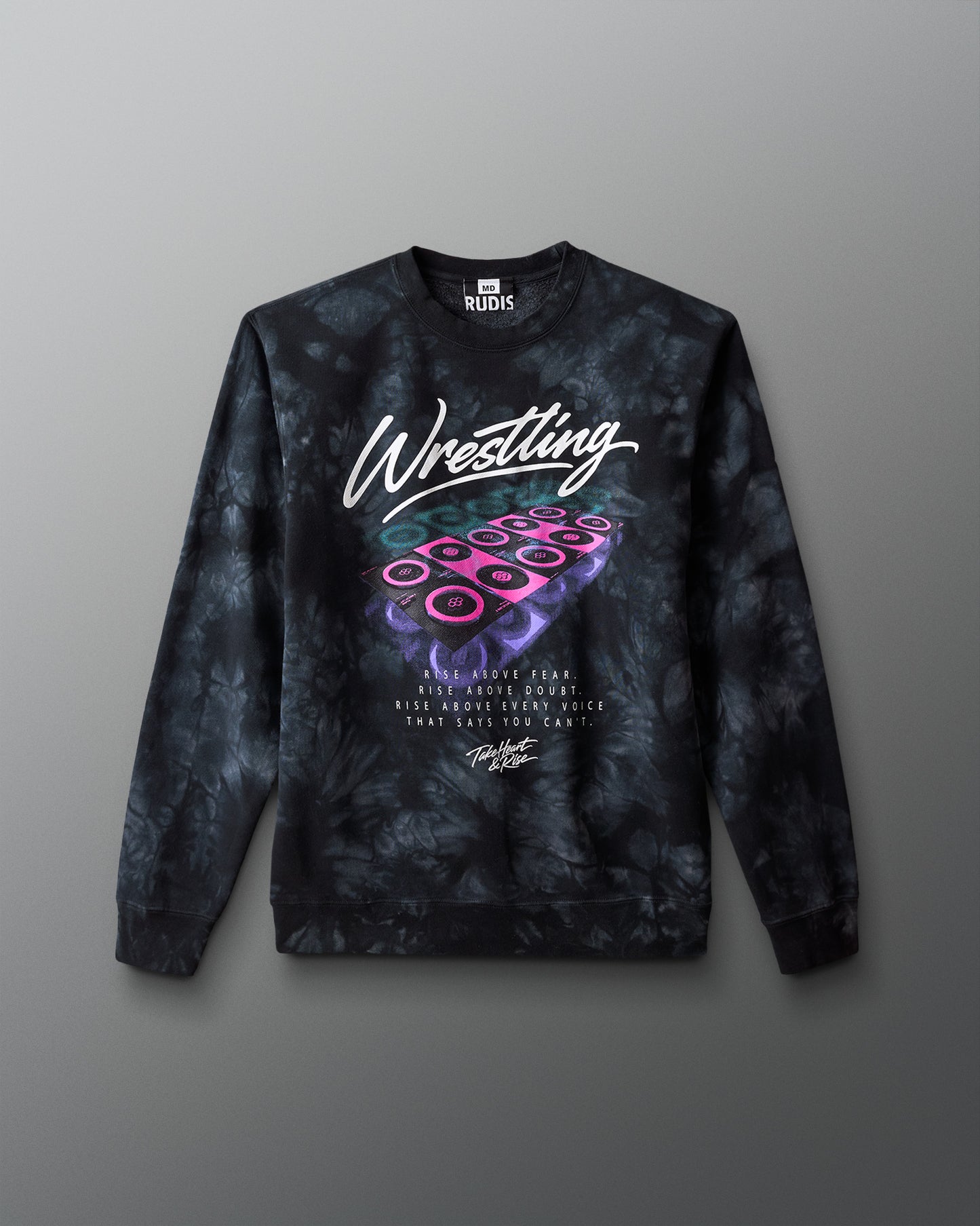 Tie-dye sweatshirt with 'Wrestling' text and colorful design on a gray background