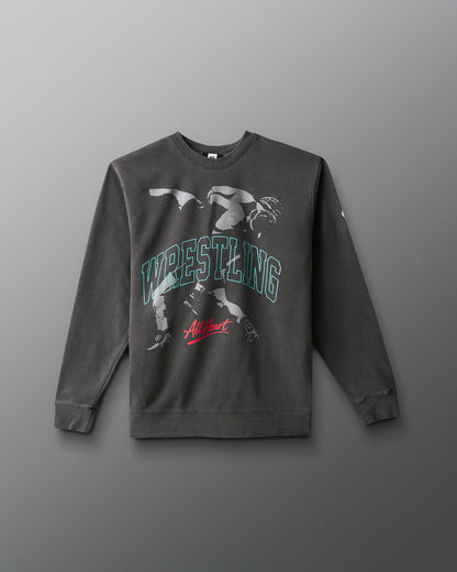 Gray sweatshirt with wrestling graphic and text on a gray background