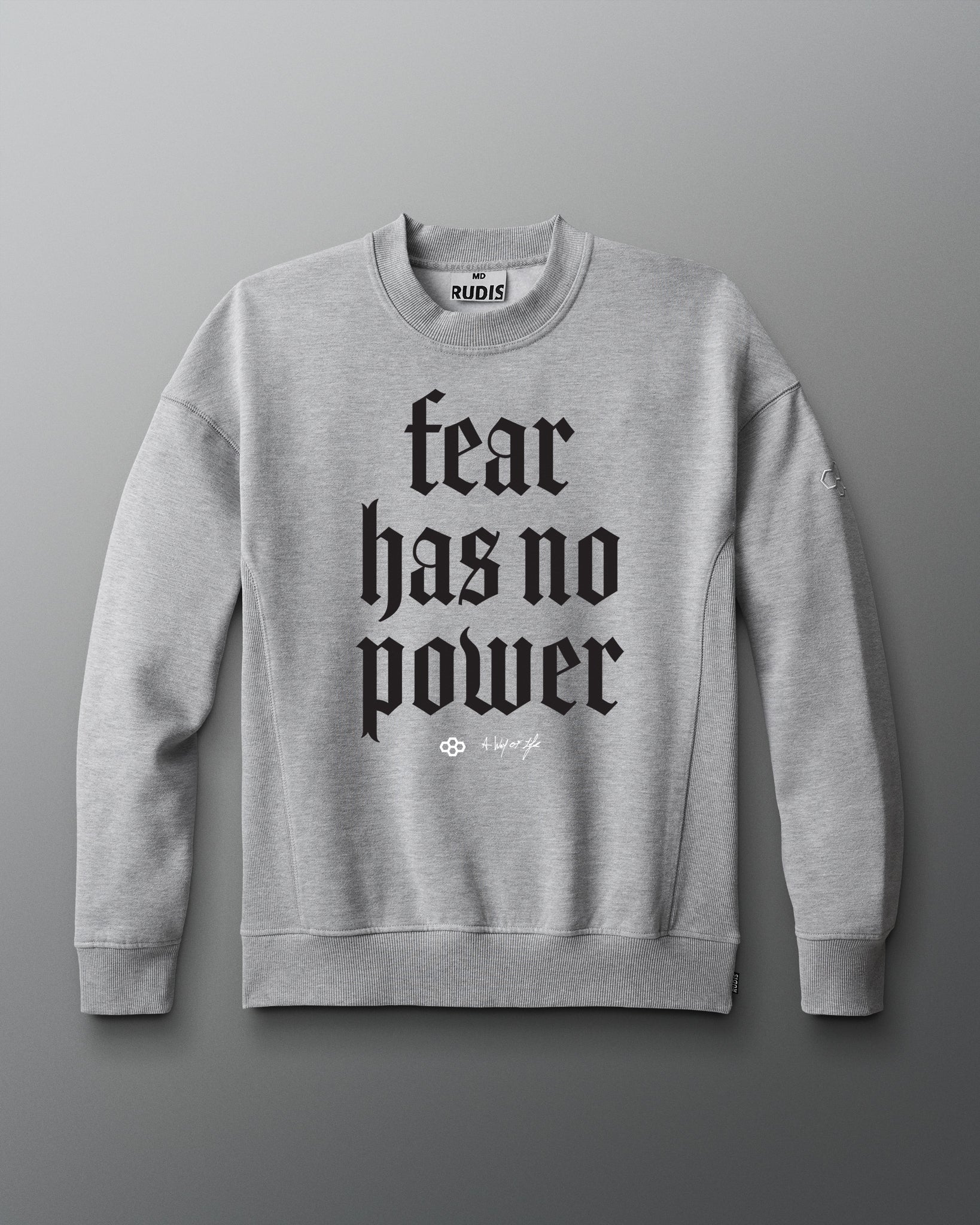 Gray sweatshirt with 'fear has no power' text on a gray background