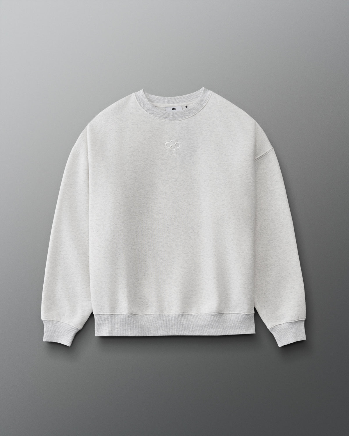 RUDIS Hex Relaxed Comfort Fleece Crewneck in Heather Silver, front view featuring a tonal embroidered Hex logo on the chest, relaxed fit, dropped shoulders, and ribbed cuffs and hem. Copy Alt Text