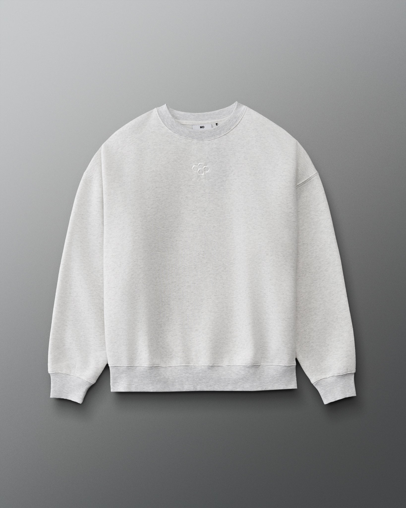 RUDIS Hex Relaxed Comfort Fleece Crewneck in Heather Silver, front view featuring a tonal embroidered Hex logo on the chest, relaxed fit, dropped shoulders, and ribbed cuffs and hem. Copy Alt Text