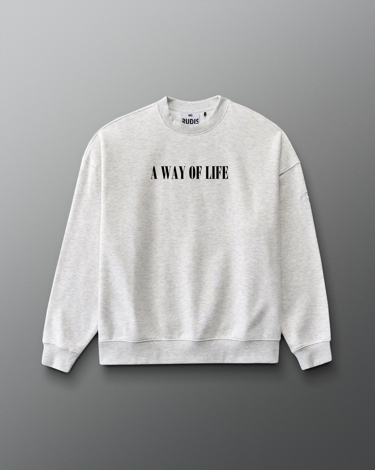 Gray sweatshirt with 'A Way of Life' text on a gray background