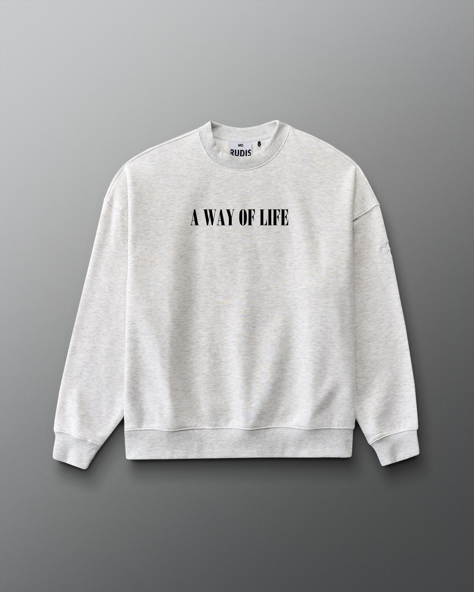 Gray sweatshirt with 'A Way of Life' text on a gray background