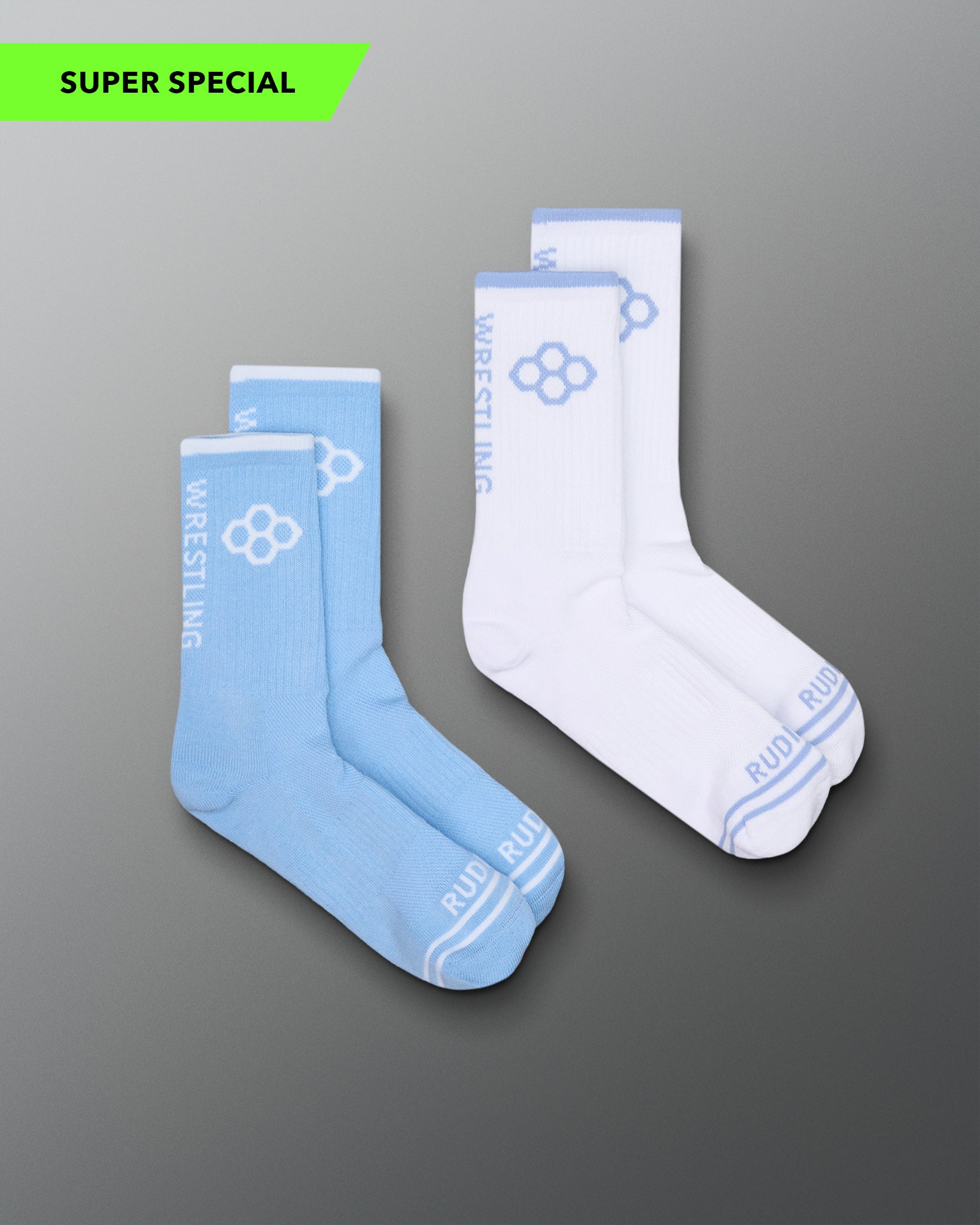 Two pairs of socks, one blue and one white, on a gray background.