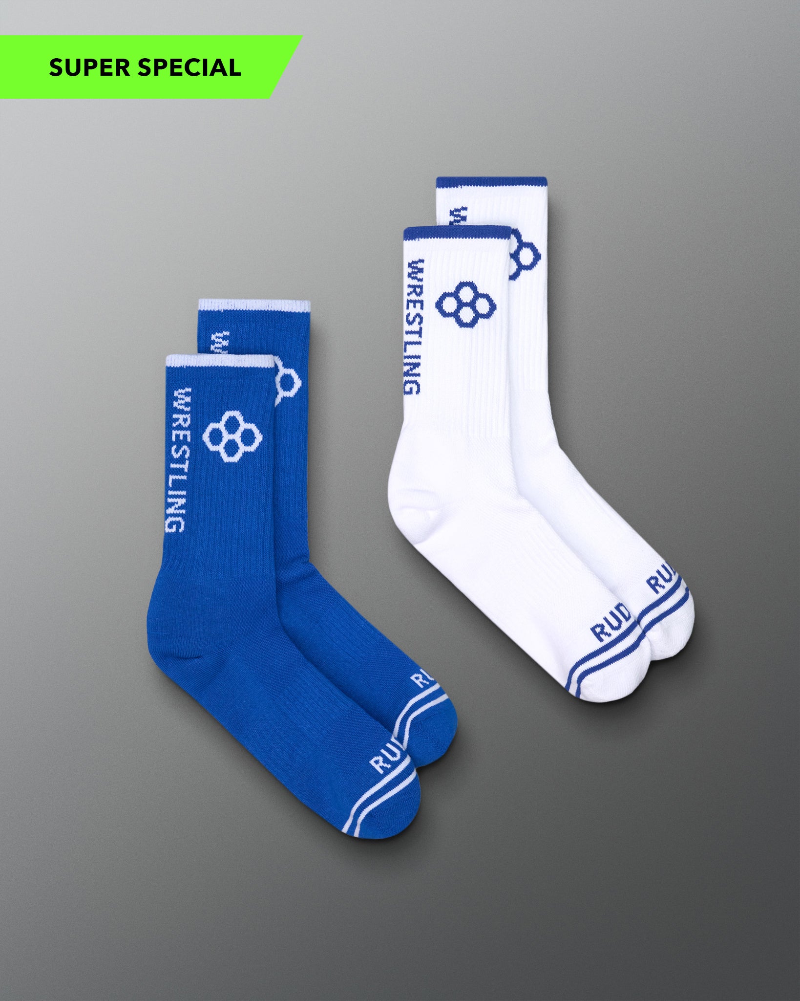 Two pairs of socks, one blue and one white, with 'Wrestling' text on a gray background.