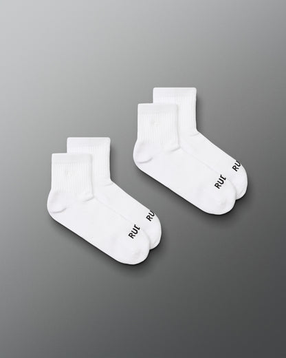 Two pairs of white socks with a brand logo on a gray background