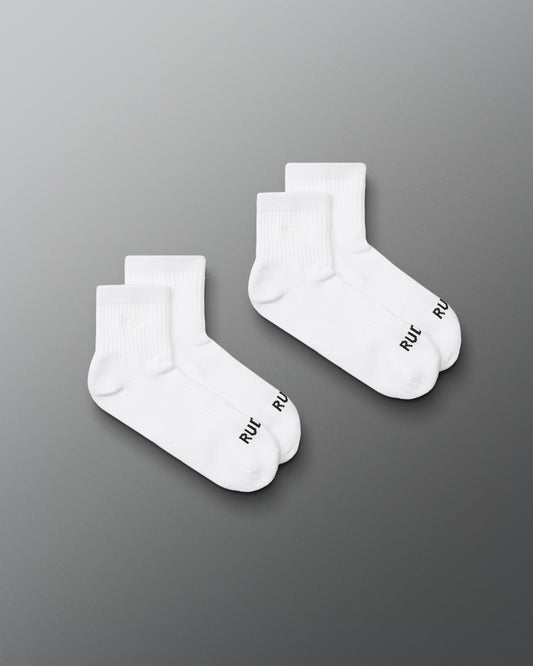 Two pairs of white socks with a brand logo on a gray background