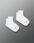 Two pairs of white socks with a brand logo on a gray background