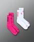 Two pairs of socks, one pink and one white, with text on a gray background.