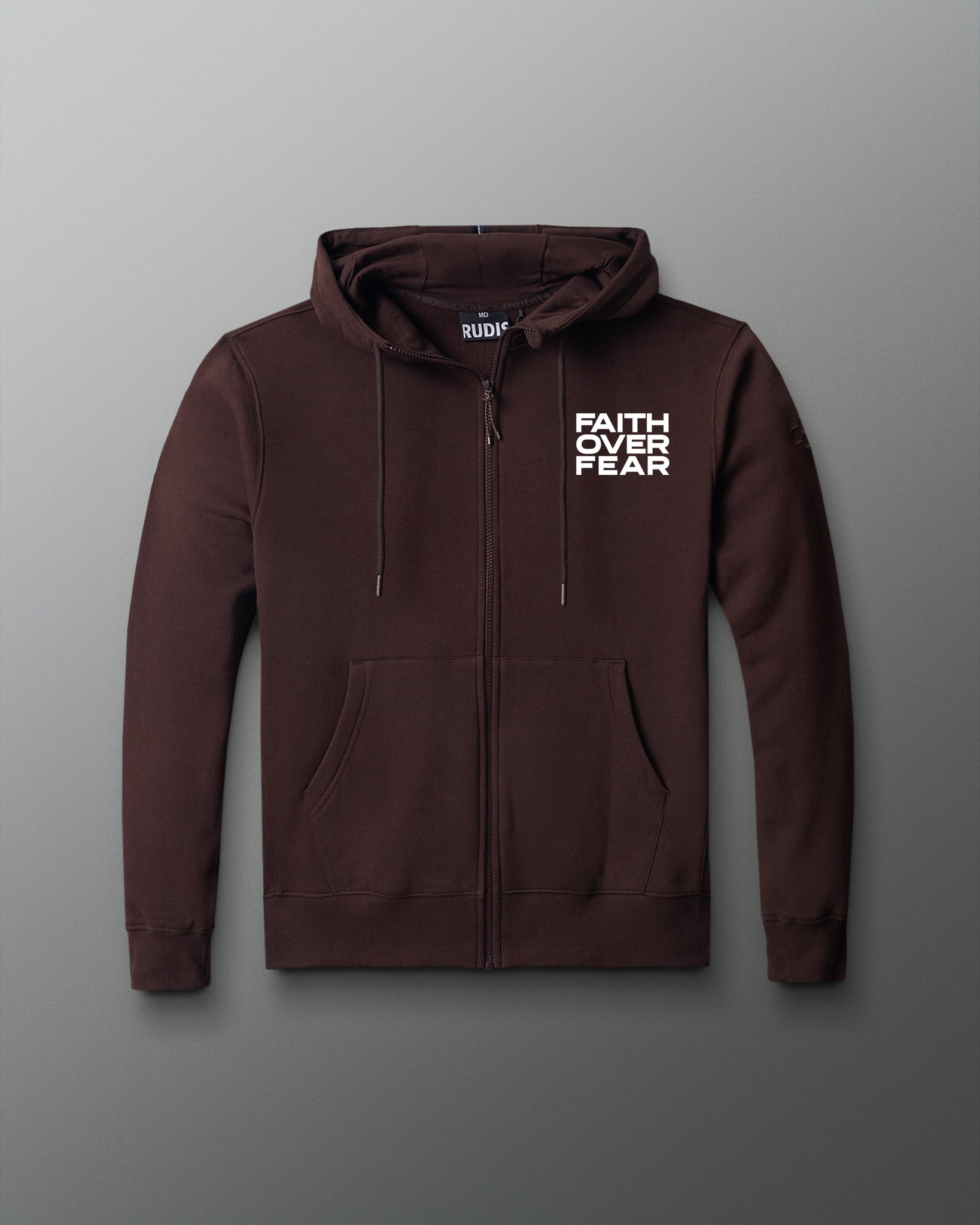 Brown hoodie with 'Faith Over Fear' text on a gray background