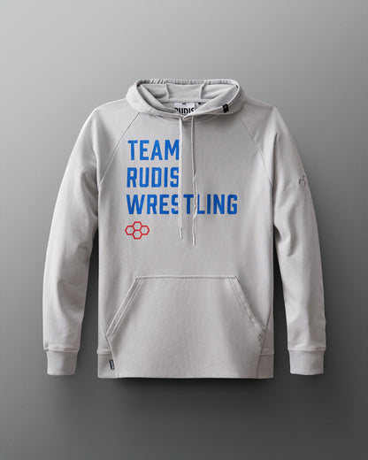 A light gray hoodie displays 'TEAM RUDIS WRESTLING' in bold blue letters, complemented by a red honeycomb logo on the upper left, ideal for casual or athletic wear.