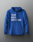 A blue hoodie showcases 'TEAM RUDIS WRESTLING' in bold white text, designed for comfort and style suitable for athletic activities.