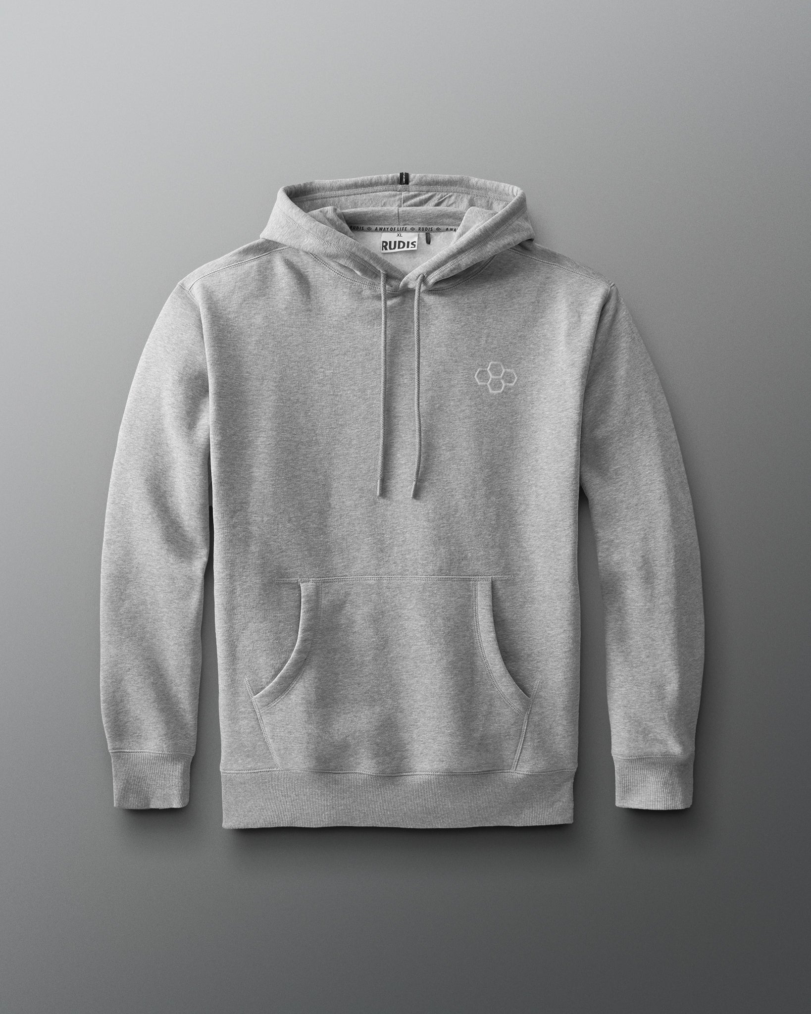 A gray hoodie with a front pouch and a small RUDIS Hex logo on the upper left side, featuring a drawstring hood.