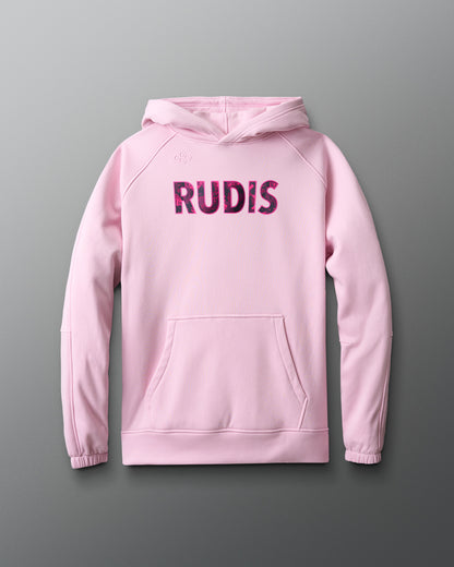 Pink hoodie with 'RUDIS' branding on a gray background