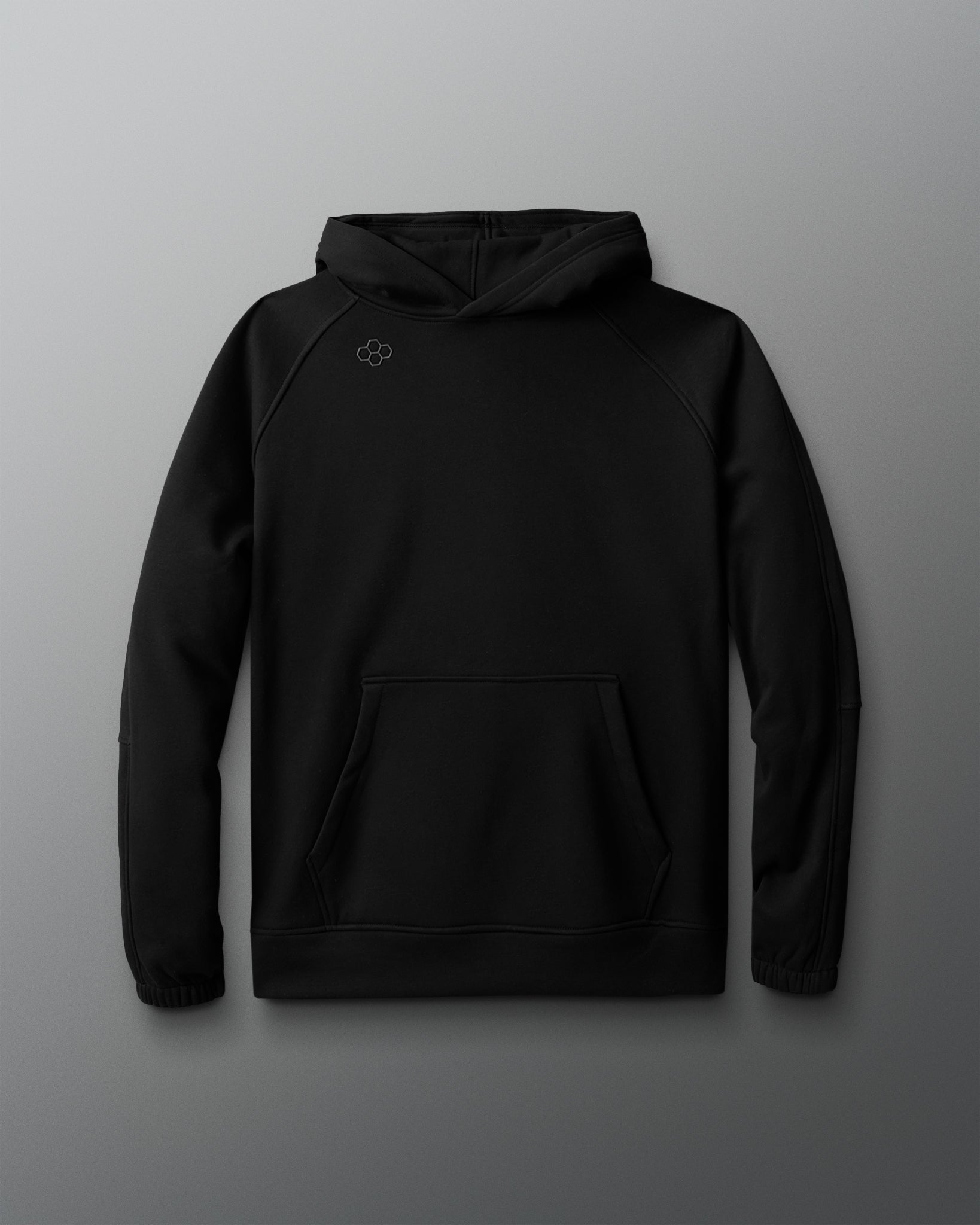 Black hoodie with a small logo on a gray background