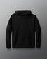 Black hoodie with a small logo on a gray background