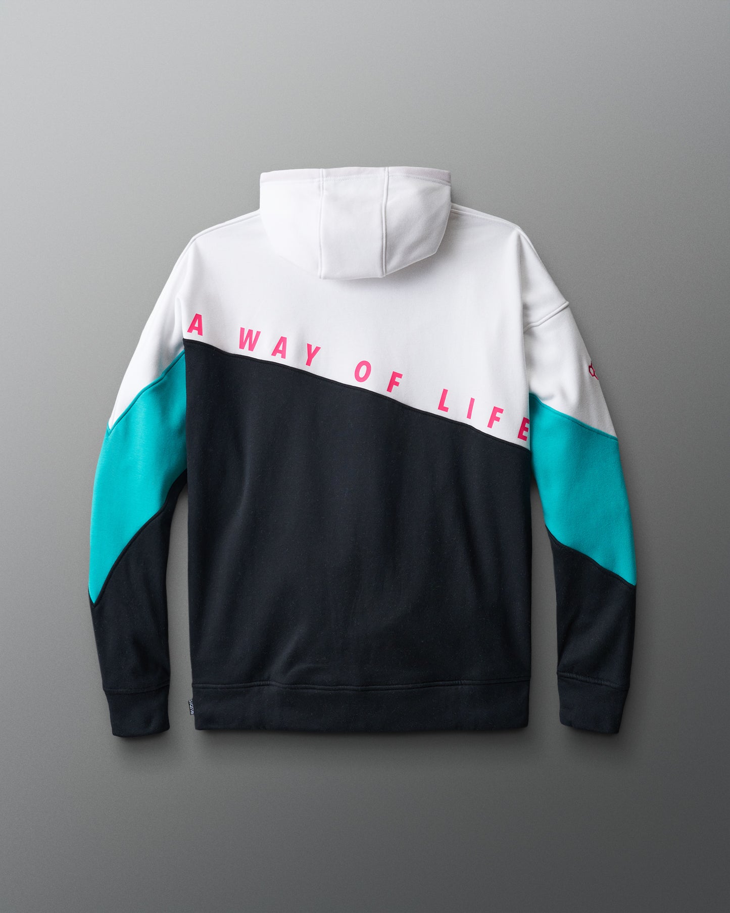 Color-blocked hoodie with 'A Way of Life' text on a gray background