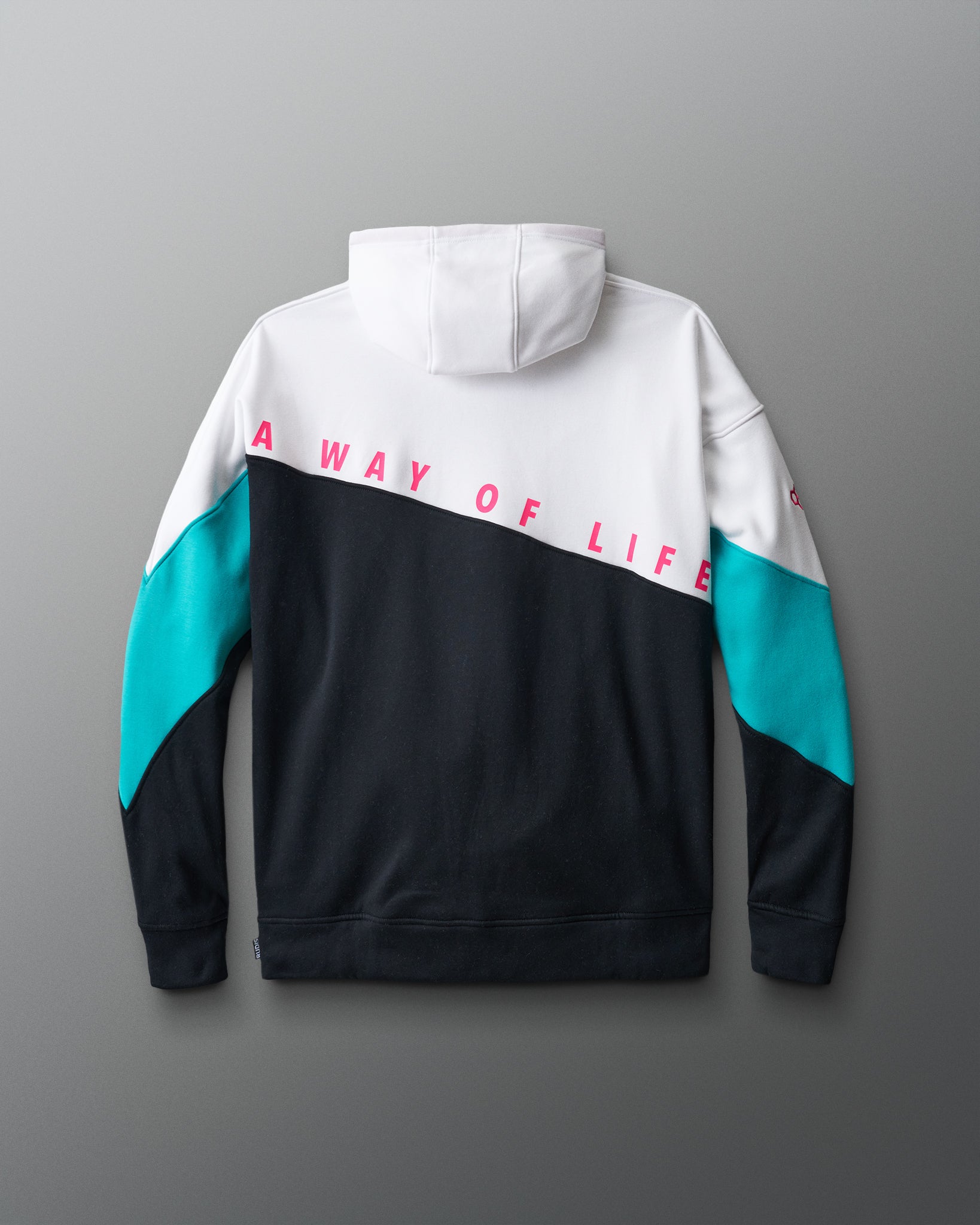 Color-blocked hoodie with 'A Way of Life' text on a gray background