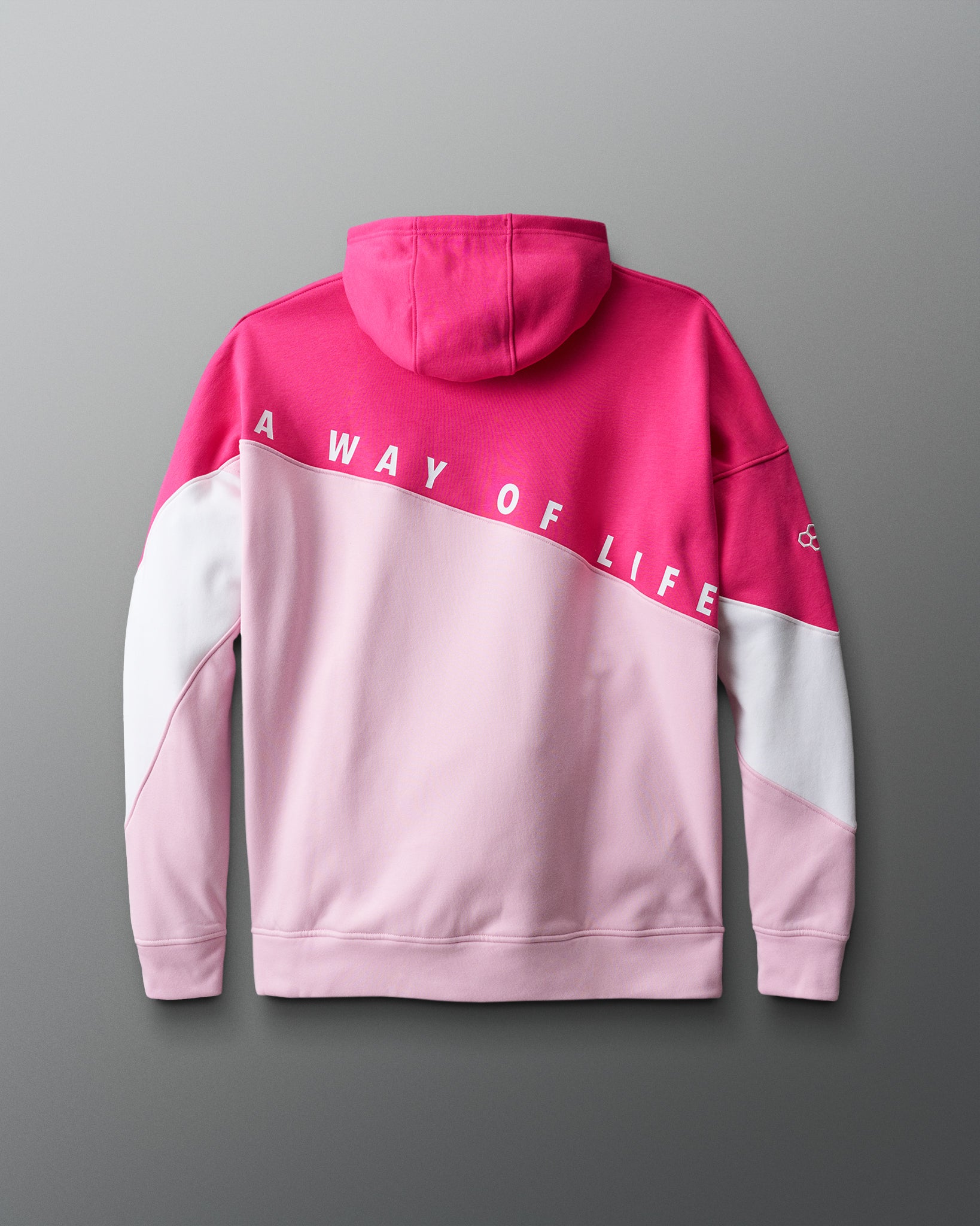 back view of Pink and white hoodie with "A WAY OF LIFE" text on a gray background