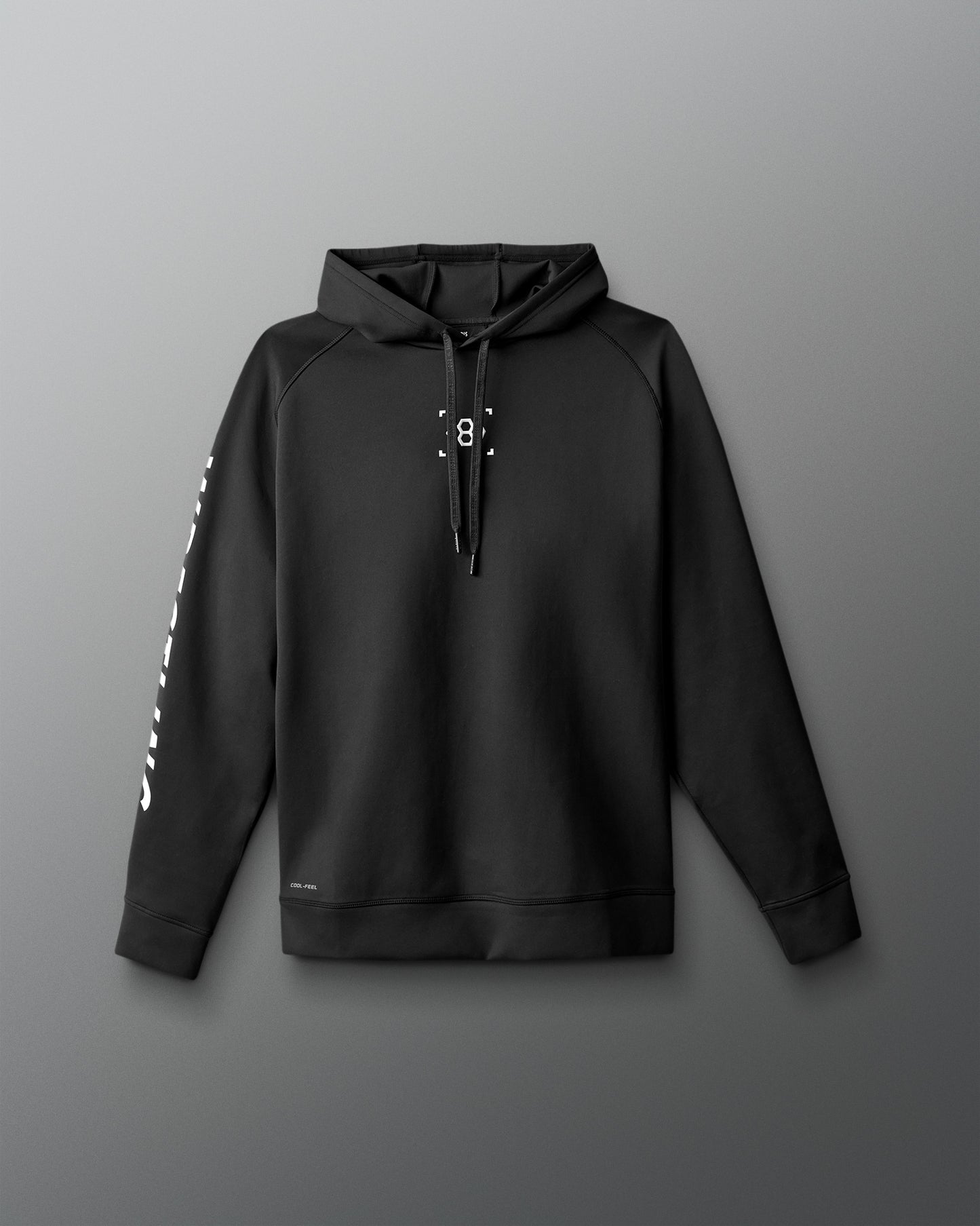 Black hoodie with white text on sleeves against a gray background