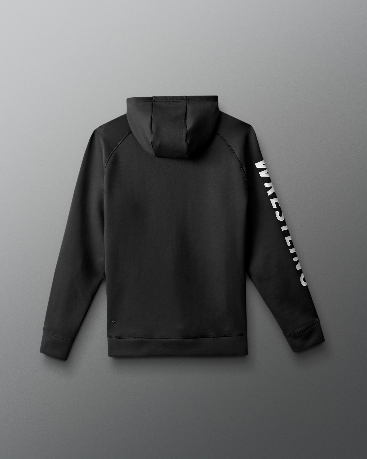Black hoodie with white text on sleeve against a gray background