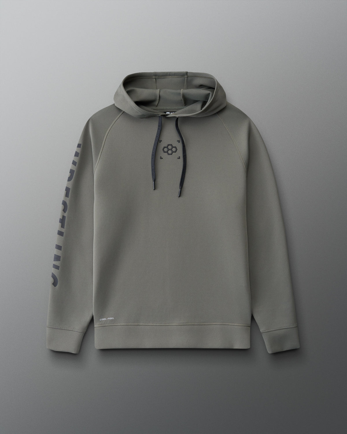 Front view of the RUDIS Wrestling COOL-FEEL Hoodie in dark olive with black drawcords, RUDIS chest logo, COOL-FEEL detail, and bold WRESTLING sleeve graphic.