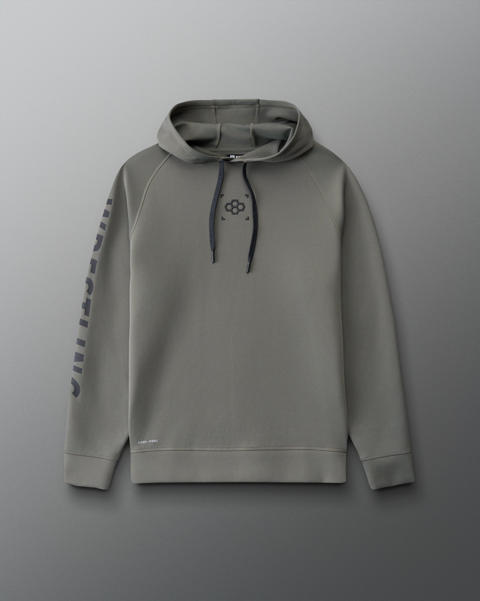 Front view of the RUDIS Wrestling COOL-FEEL Hoodie in dark olive with black drawcords, RUDIS chest logo, COOL-FEEL detail, and bold WRESTLING sleeve graphic.