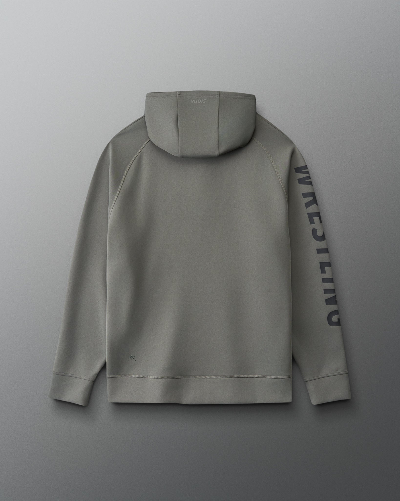 Back view of the RUDIS Wrestling COOL-FEEL Hoodie in dark olive featuring tonal RUDIS hood branding and bold black WRESTLING lettering down the sleeve.