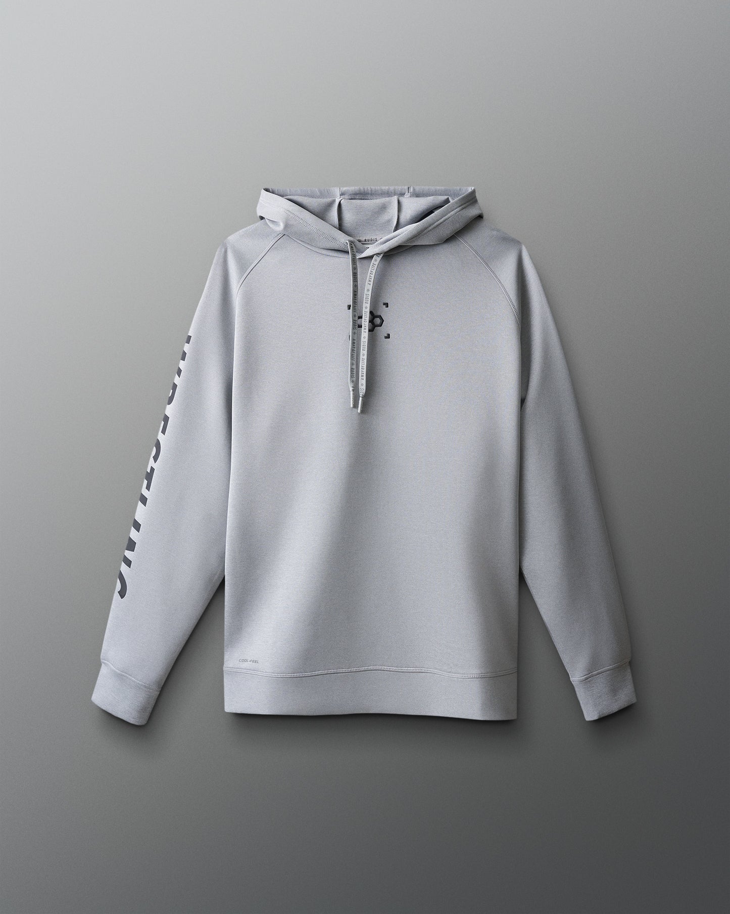 Gray hoodie with branding on a gray background