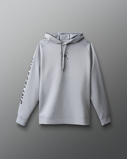 Gray hoodie with branding on a gray background