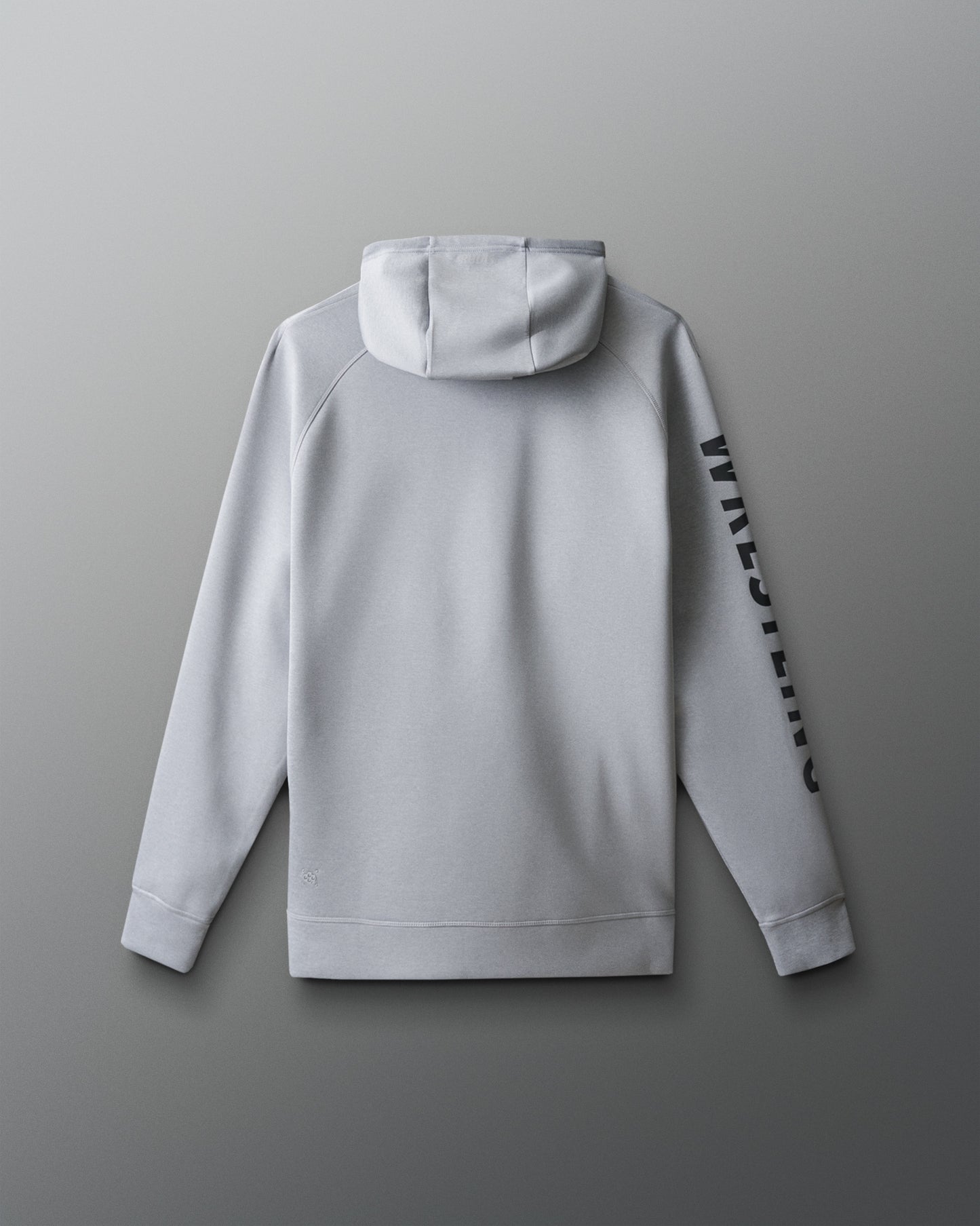Gray hoodie with branding on sleeve against a gray background