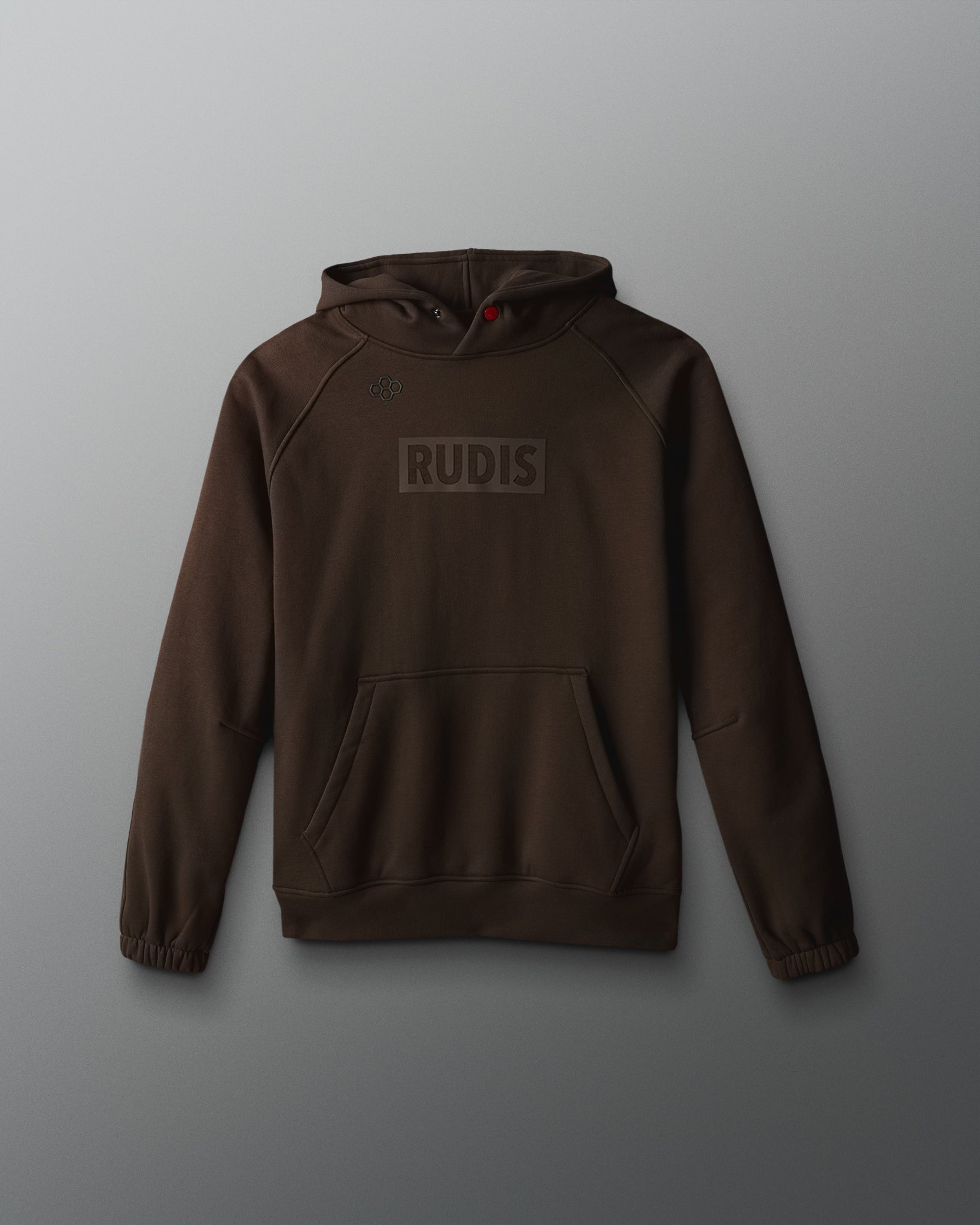 Brown hoodie with 'RUDIS' logo on a gray background