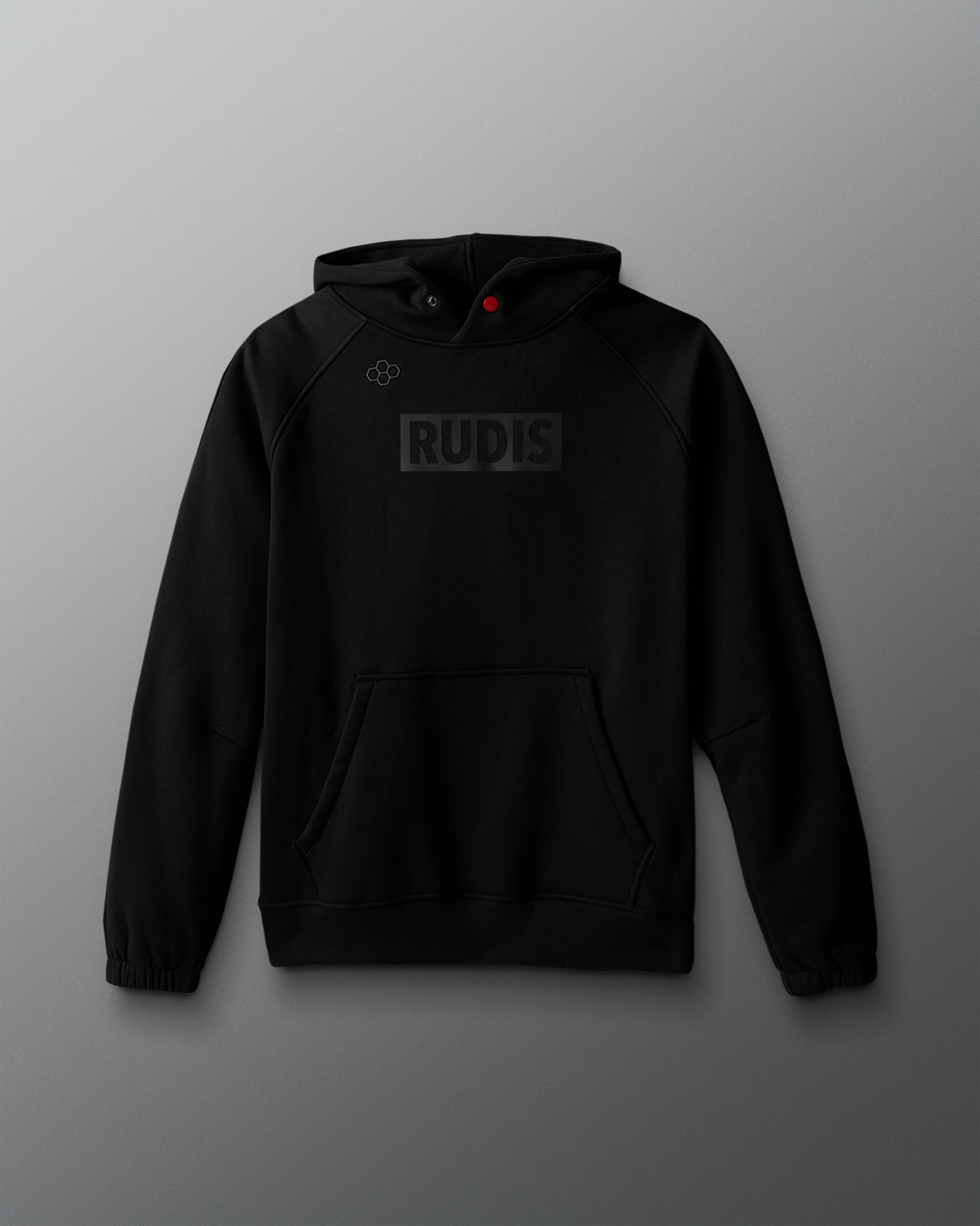 Black hoodie with 'RUDIS' logo on a gray background