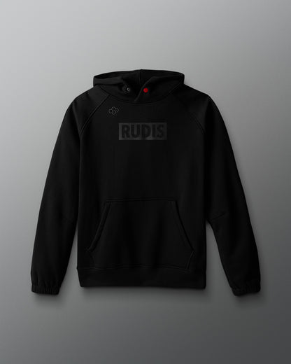 Black hoodie with 'RUDIS' logo on a gray background